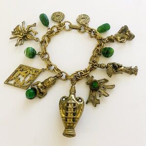 Vintage Asian spiritual faux jade gold and glass charm bracelet 7.5”